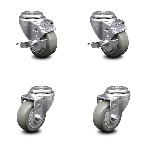3.5 Inch Gray Polyurethane Wheel Swivel Bolt Hole Caster Set with 2 Brake SCC